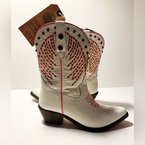 Corral White and Orange Heeled Boots with Intricate Design NWT